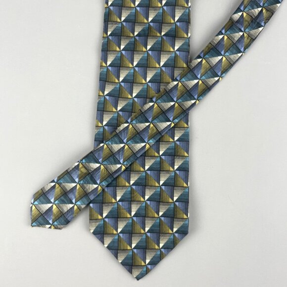 Jhane Barnes Geometric Silk Tie Blue & Gold Made in Japan - Picture 10 of 11